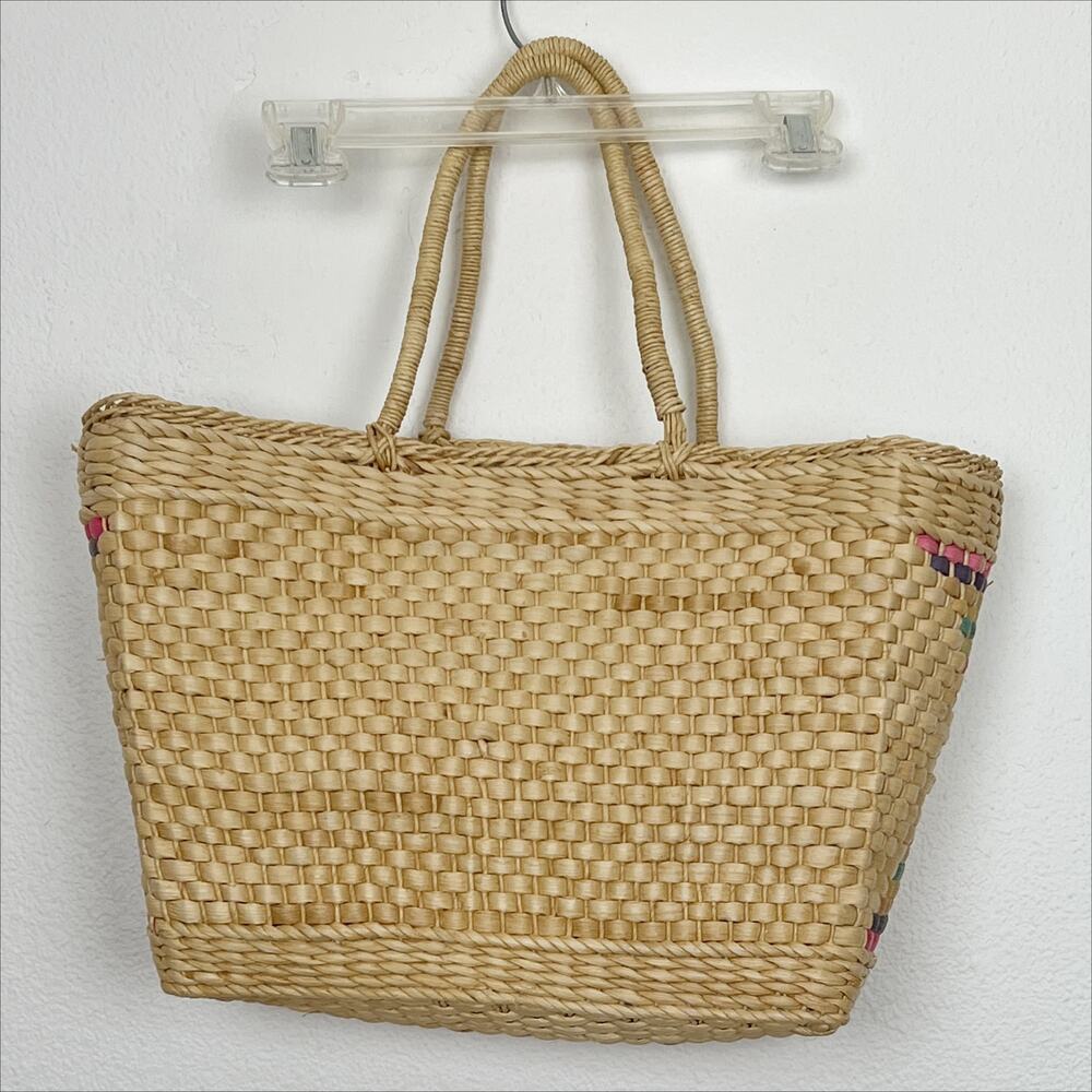 Vintage Woven Straw Tote Bag Boho Market Basket Painted Tribal Aztec Detail - Picture 11 of 11